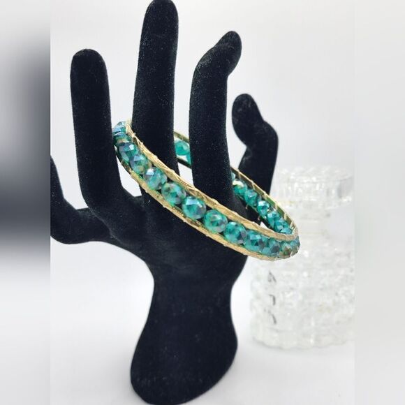 Gold jade ab beaded bangle bracelet - Picture 1 of 6